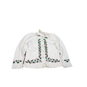 Women's Christmas Button-up Sweater XL Liz Clairborne White w/ivy & berries (98)